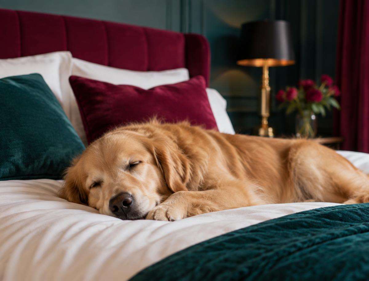 A golden retriever sleeping peacefully during a stay